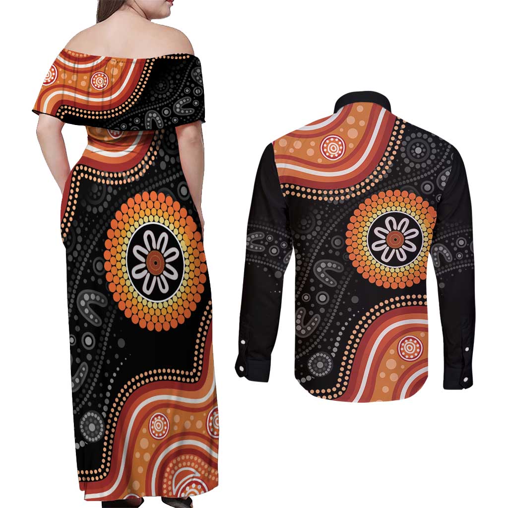 Australia Aboriginal Art Couples Matching Off Shoulder Maxi Dress and Long Sleeve Button Shirt Indigenous Proud