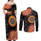 Australia Aboriginal Art Couples Matching Off Shoulder Maxi Dress and Long Sleeve Button Shirt Indigenous Proud