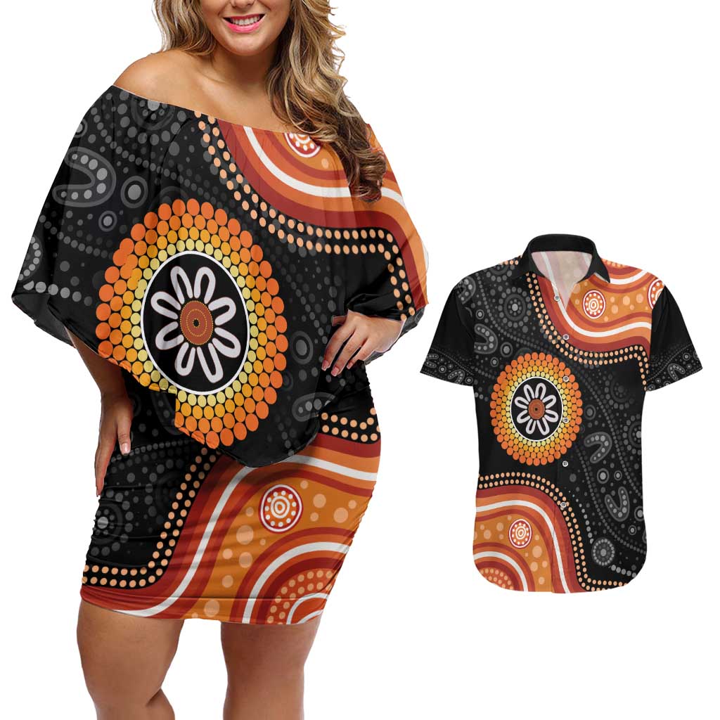 Australia Aboriginal Art Couples Matching Off Shoulder Short Dress and Hawaiian Shirt Indigenous Proud