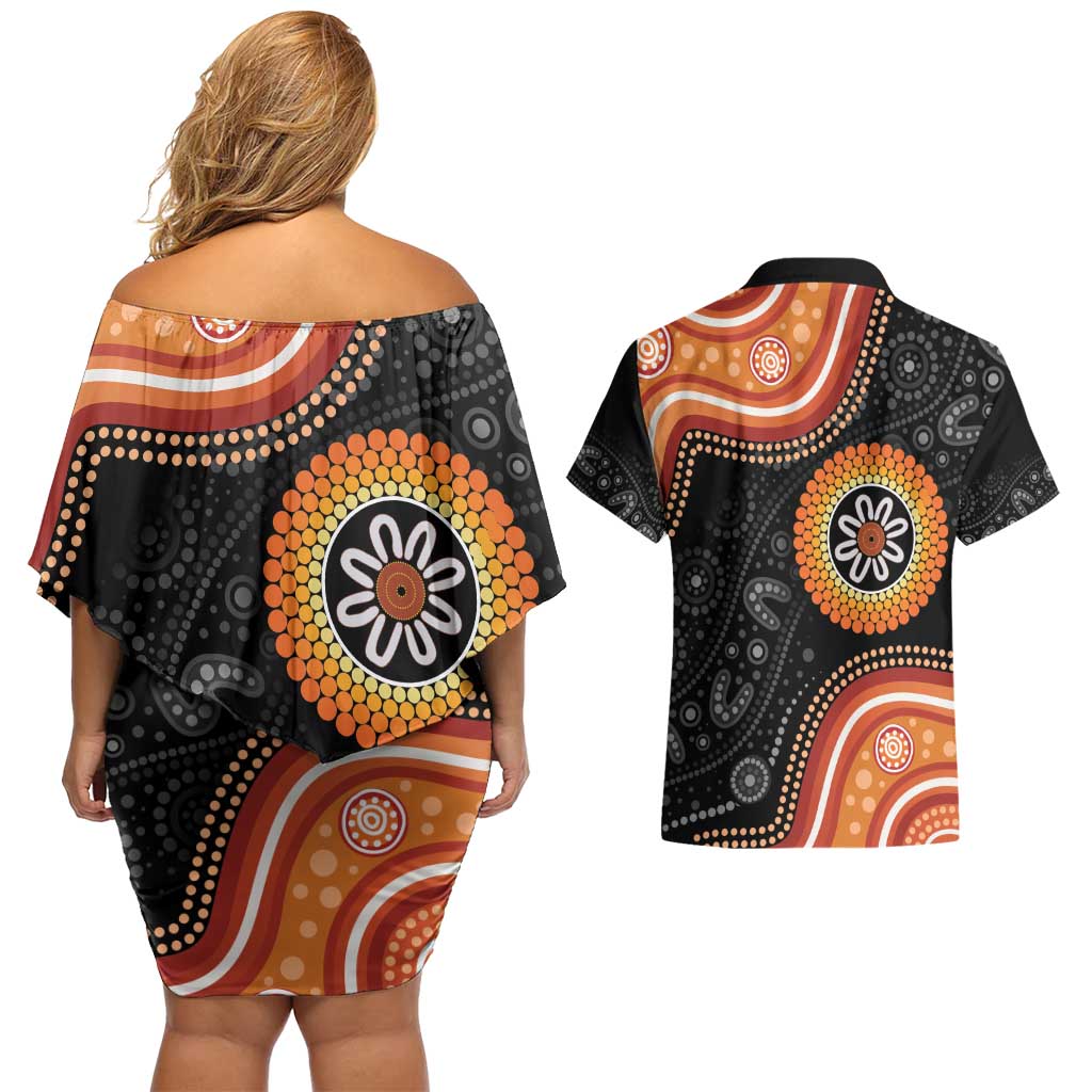 Australia Aboriginal Art Couples Matching Off Shoulder Short Dress and Hawaiian Shirt Indigenous Proud
