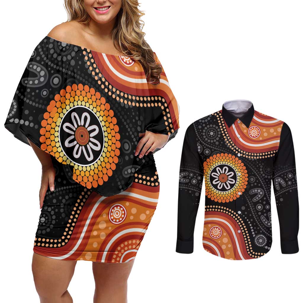 Australia Aboriginal Art Couples Matching Off Shoulder Short Dress and Long Sleeve Button Shirt Indigenous Proud