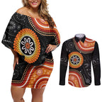 Australia Aboriginal Art Couples Matching Off Shoulder Short Dress and Long Sleeve Button Shirt Indigenous Proud