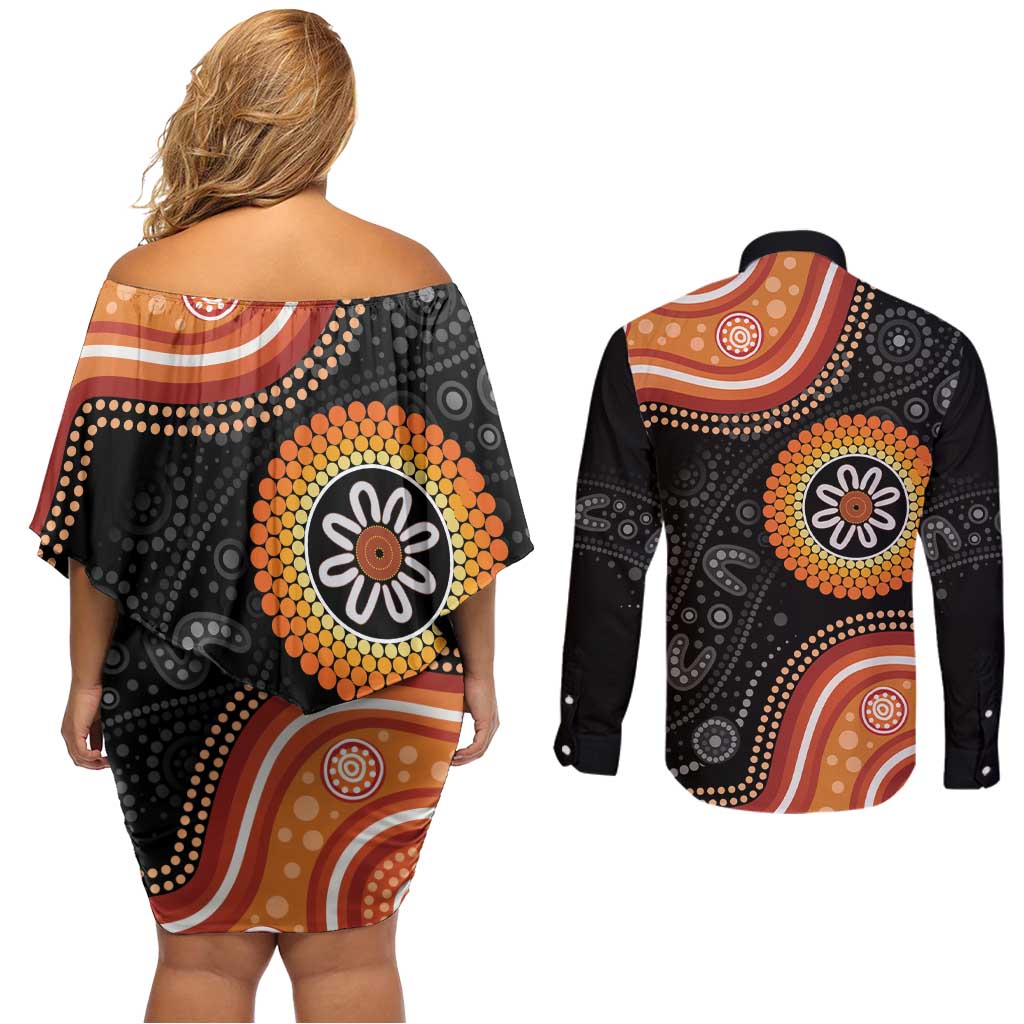 Australia Aboriginal Art Couples Matching Off Shoulder Short Dress and Long Sleeve Button Shirt Indigenous Proud