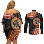 Australia Aboriginal Art Couples Matching Off Shoulder Short Dress and Long Sleeve Button Shirt Indigenous Proud