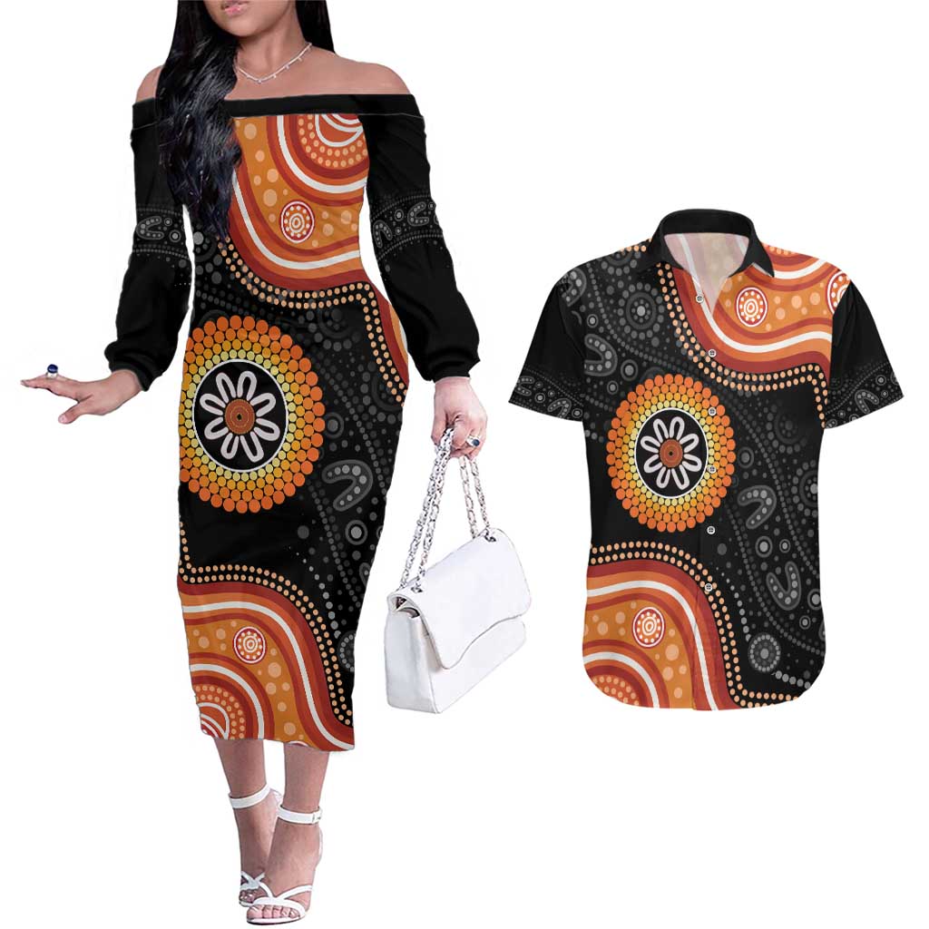 Australia Aboriginal Art Couples Matching Off The Shoulder Long Sleeve Dress and Hawaiian Shirt Indigenous Proud