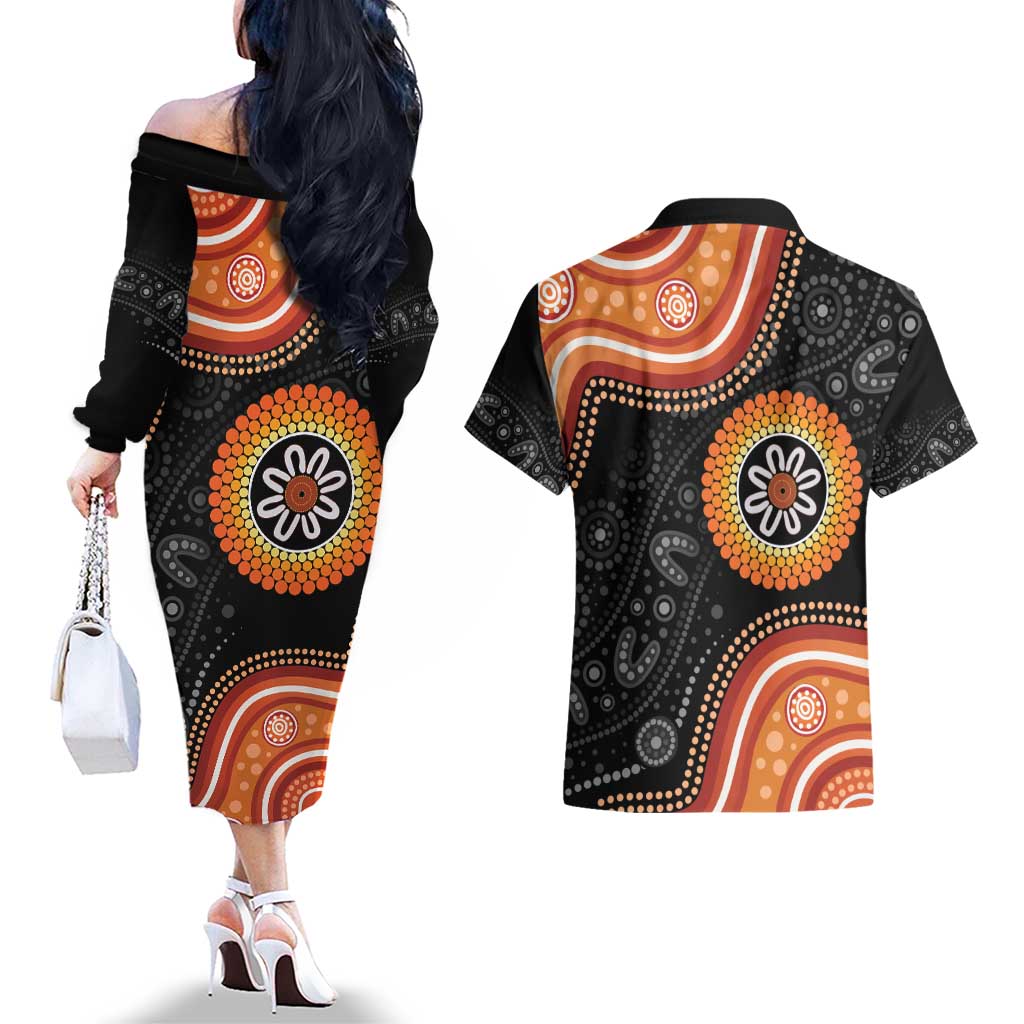 Australia Aboriginal Art Couples Matching Off The Shoulder Long Sleeve Dress and Hawaiian Shirt Indigenous Proud