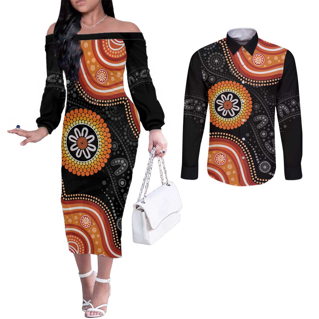 Australia Aboriginal Art Couples Matching Off The Shoulder Long Sleeve Dress and Long Sleeve Button Shirt Indigenous Proud