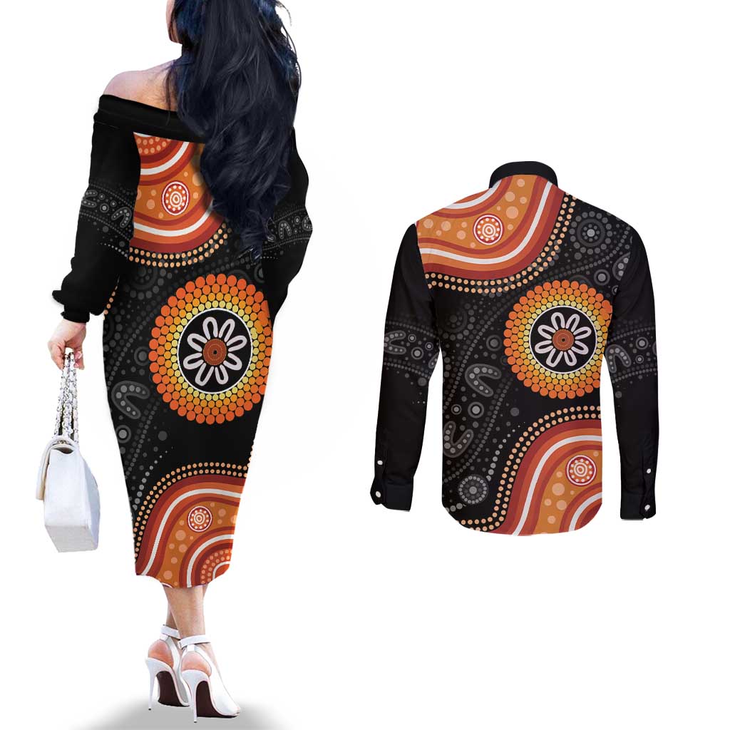 Australia Aboriginal Art Couples Matching Off The Shoulder Long Sleeve Dress and Long Sleeve Button Shirt Indigenous Proud