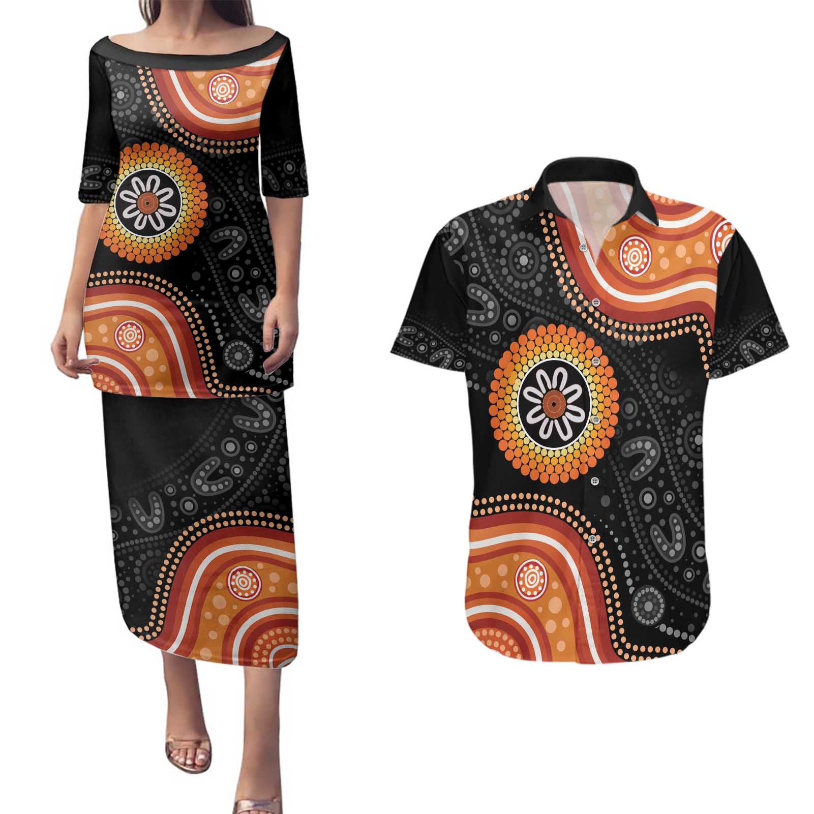 Australia Aboriginal Art Couples Matching Puletasi and Hawaiian Shirt Indigenous Proud