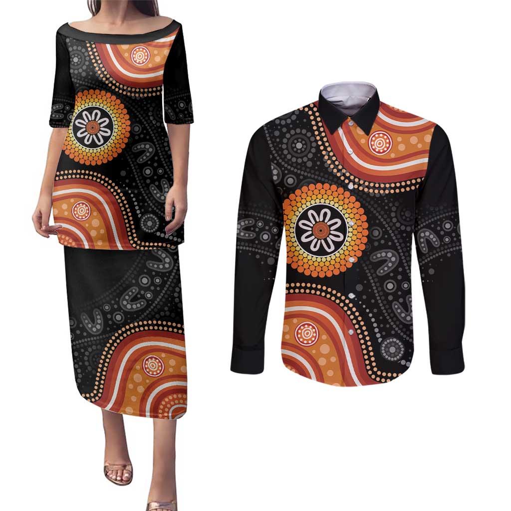 Australia Aboriginal Art Couples Matching Puletasi and Long Sleeve Button Shirt Indigenous Proud