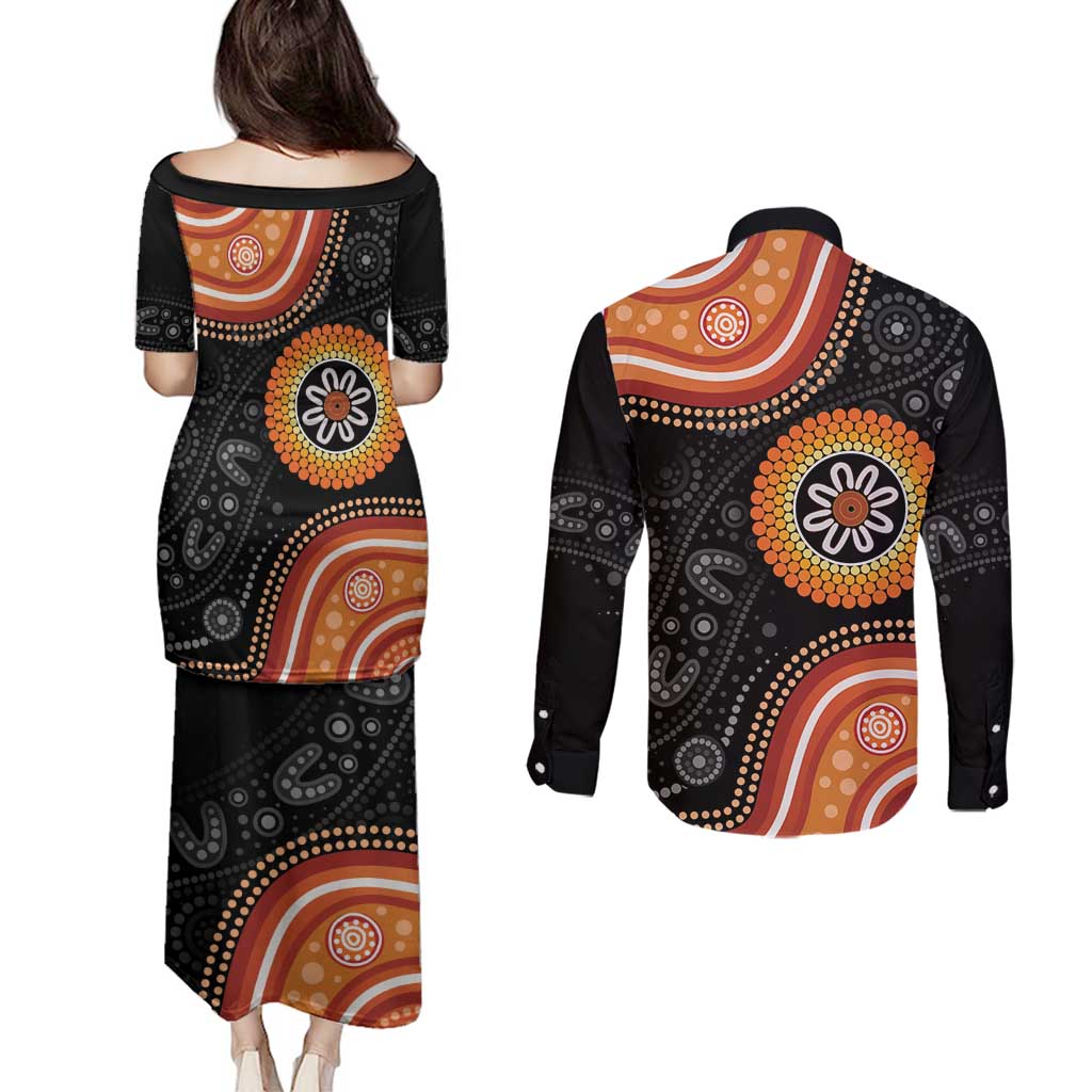 Australia Aboriginal Art Couples Matching Puletasi and Long Sleeve Button Shirt Indigenous Proud