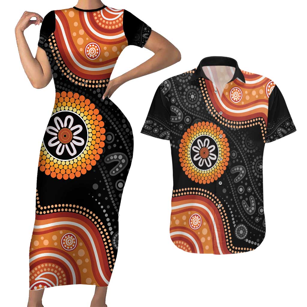 Australia Aboriginal Art Couples Matching Short Sleeve Bodycon Dress and Hawaiian Shirt Indigenous Proud