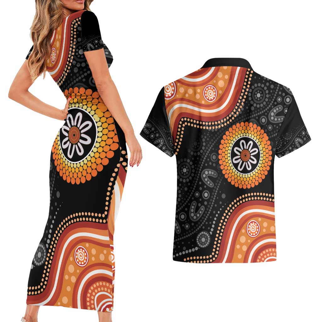 Australia Aboriginal Art Couples Matching Short Sleeve Bodycon Dress and Hawaiian Shirt Indigenous Proud