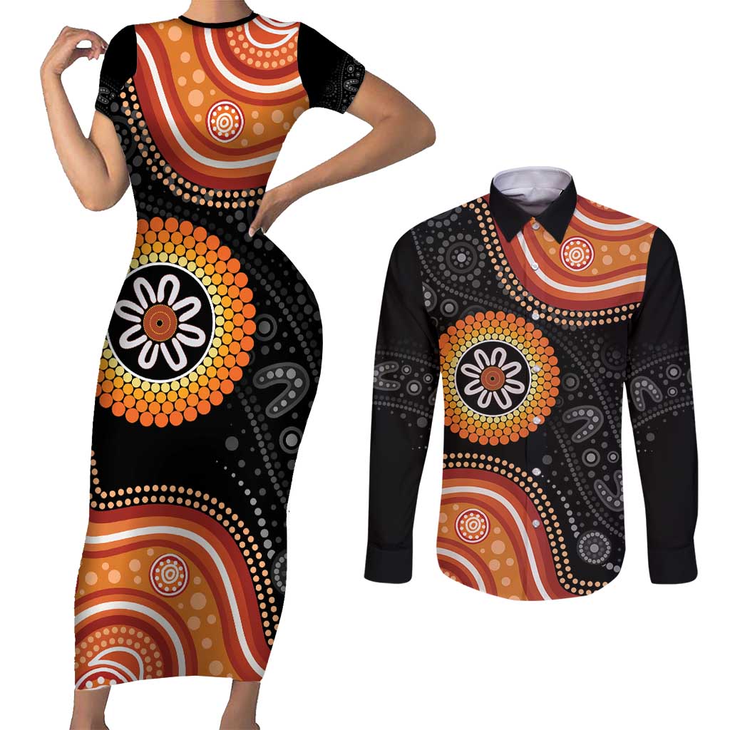 Australia Aboriginal Art Couples Matching Short Sleeve Bodycon Dress and Long Sleeve Button Shirt Indigenous Proud