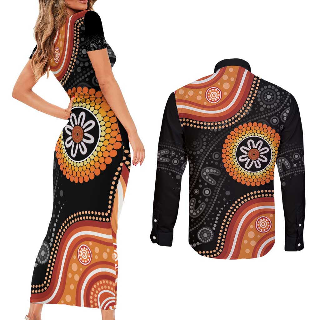 Australia Aboriginal Art Couples Matching Short Sleeve Bodycon Dress and Long Sleeve Button Shirt Indigenous Proud