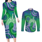 Australia Torres Strait Islanders Couples Matching Long Sleeve Bodycon Dress and Long Sleeve Button Shirt Dhari Aboriginal Pattern