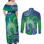 Australia Torres Strait Islanders Couples Matching Off Shoulder Maxi Dress and Long Sleeve Button Shirt Dhari Aboriginal Pattern