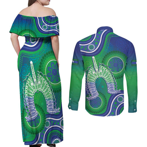 Australia Torres Strait Islanders Couples Matching Off Shoulder Maxi Dress and Long Sleeve Button Shirt Dhari Aboriginal Pattern
