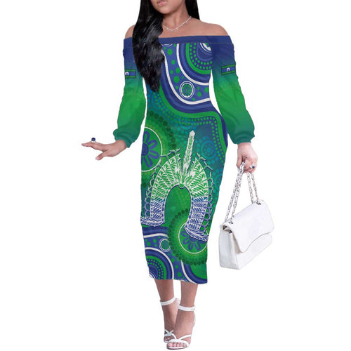 Australia Torres Strait Islanders Family Matching Off The Shoulder Long Sleeve Dress and Hawaiian Shirt Dhari Aboriginal Pattern