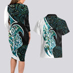 Proud Aotearoa Couples Matching Long Sleeve Bodycon Dress and Hawaiian Shirt Maori Silver Fern Mix Paua Shell Pattern
