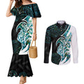 Proud Aotearoa Couples Matching Mermaid Dress and Long Sleeve Button Shirt Maori Silver Fern Mix Paua Shell Pattern