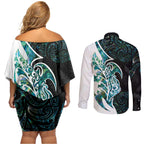 Proud Aotearoa Couples Matching Off Shoulder Short Dress and Long Sleeve Button Shirt Maori Silver Fern Mix Paua Shell Pattern