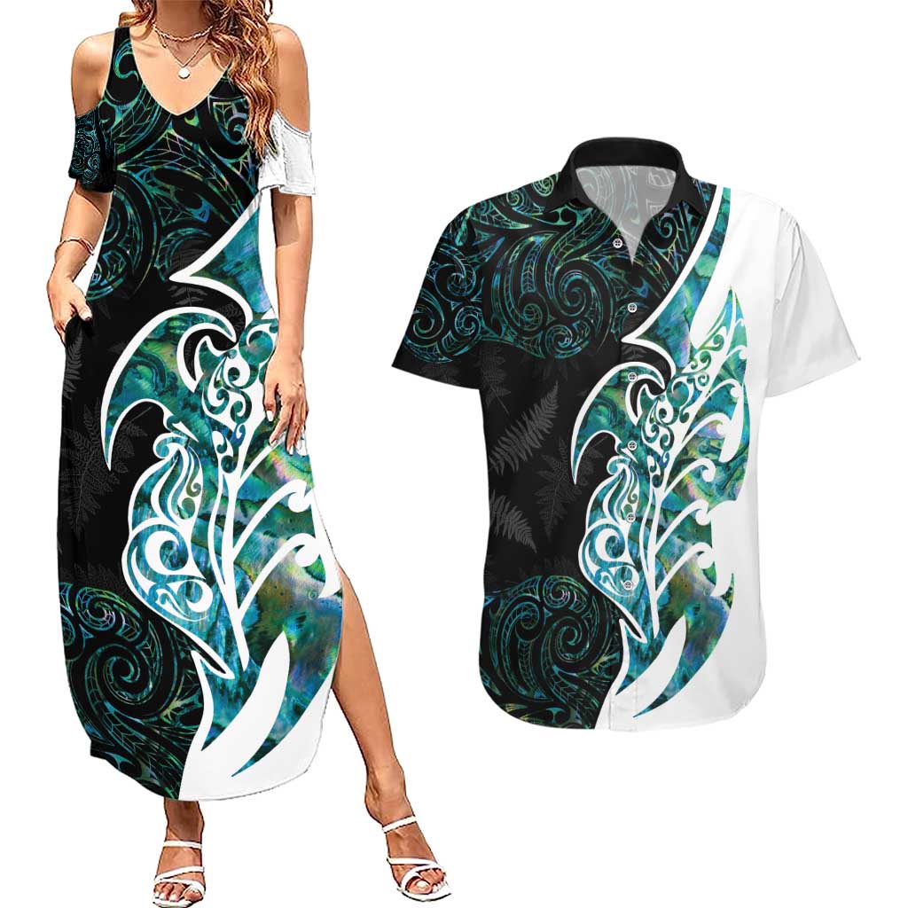Proud Aotearoa Couples Matching Summer Maxi Dress and Hawaiian Shirt Maori Silver Fern Mix Paua Shell Pattern