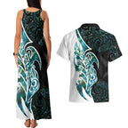 Proud Aotearoa Couples Matching Tank Maxi Dress and Hawaiian Shirt Maori Silver Fern Mix Paua Shell Pattern
