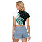 Proud Aotearoa Raglan Cropped T Shirt Maori Silver Fern Mix Paua Shell Pattern