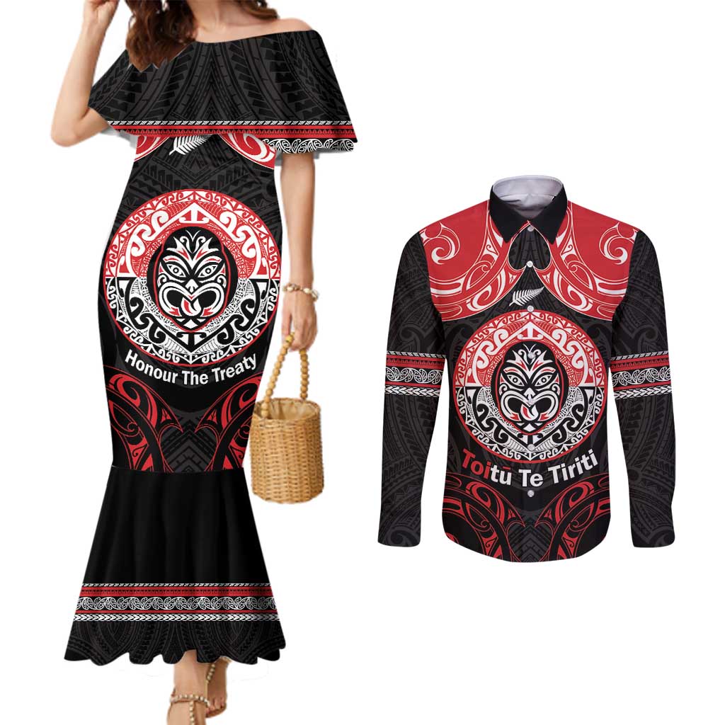 Aotearoa Toitu Te Tiriti Couples Matching Mermaid Dress and Long Sleeve Button Shirt Haka Tiki Honour The Treaty