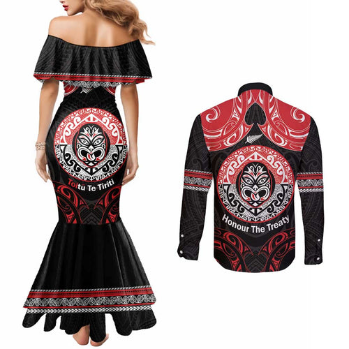 Aotearoa Toitu Te Tiriti Couples Matching Mermaid Dress and Long Sleeve Button Shirt Haka Tiki Honour The Treaty