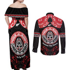 Aotearoa Toitu Te Tiriti Couples Matching Off Shoulder Maxi Dress and Long Sleeve Button Shirt Haka Tiki Honour The Treaty