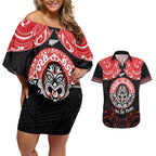 Aotearoa Toitu Te Tiriti Couples Matching Off Shoulder Short Dress and Hawaiian Shirt Haka Tiki Honour The Treaty