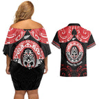 Aotearoa Toitu Te Tiriti Couples Matching Off Shoulder Short Dress and Hawaiian Shirt Haka Tiki Honour The Treaty