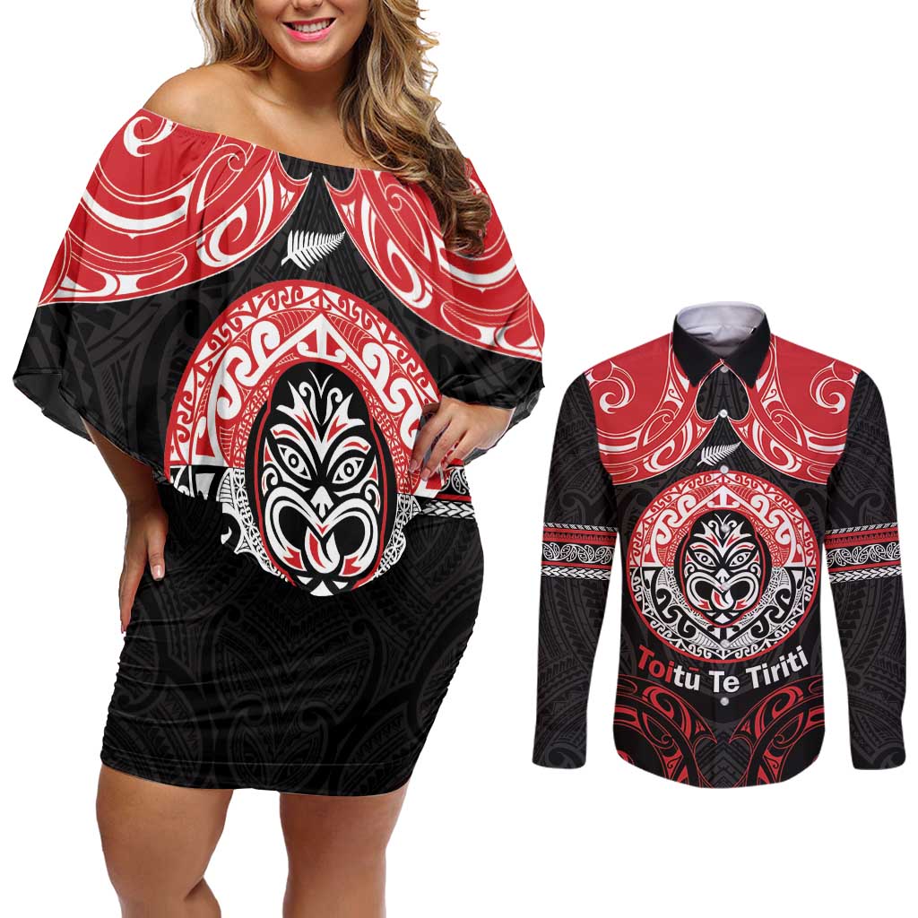 Aotearoa Toitu Te Tiriti Couples Matching Off Shoulder Short Dress and Long Sleeve Button Shirt Haka Tiki Honour The Treaty