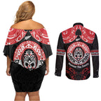 Aotearoa Toitu Te Tiriti Couples Matching Off Shoulder Short Dress and Long Sleeve Button Shirt Haka Tiki Honour The Treaty