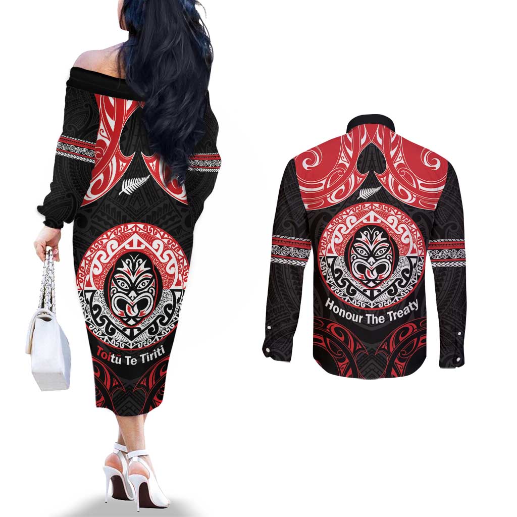 Aotearoa Toitu Te Tiriti Couples Matching Off The Shoulder Long Sleeve Dress and Long Sleeve Button Shirt Haka Tiki Honour The Treaty