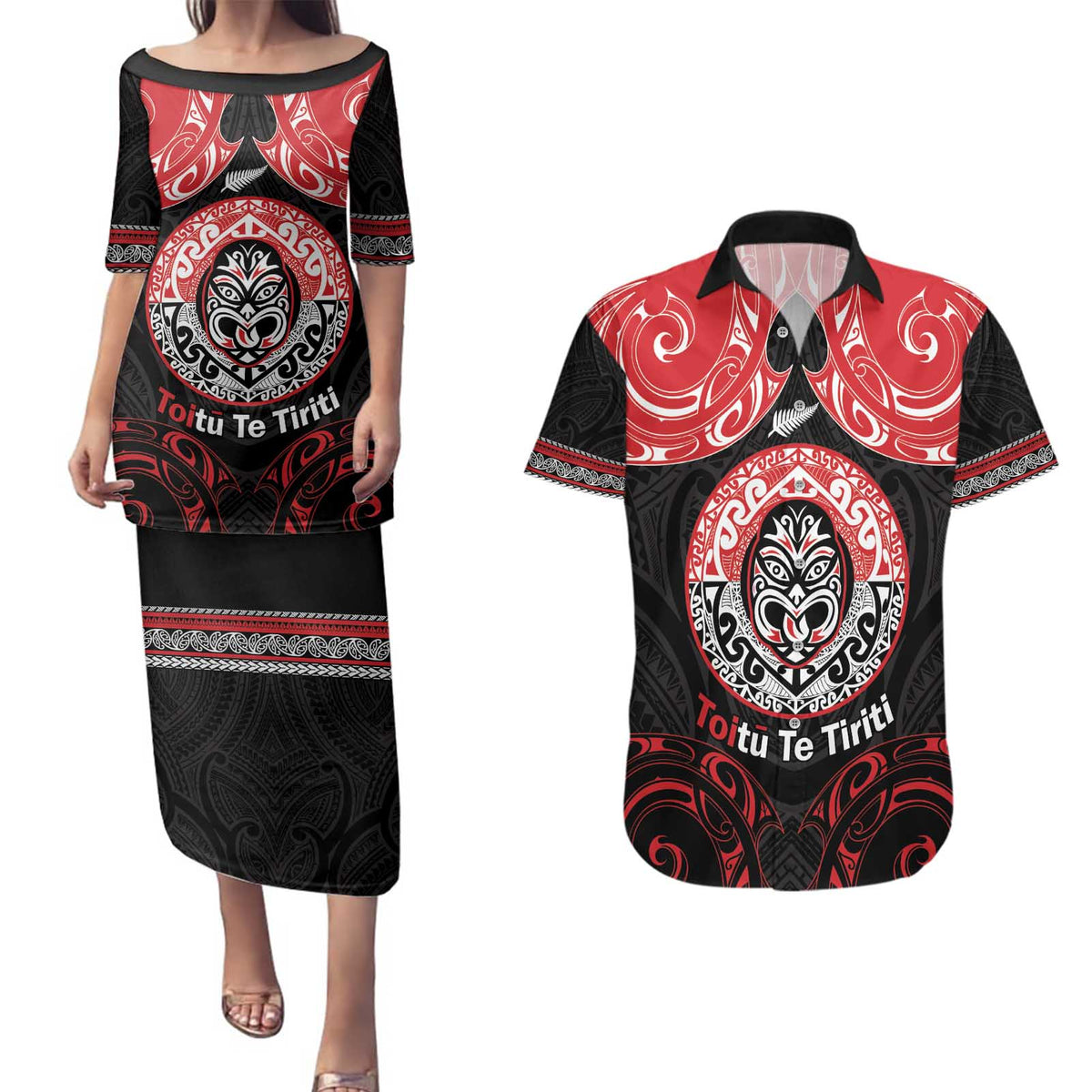 Aotearoa Toitu Te Tiriti Couples Matching Puletasi and Hawaiian Shirt Haka Tiki Honour The Treaty