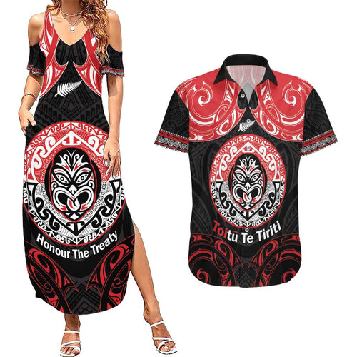 Aotearoa Toitu Te Tiriti Couples Matching Summer Maxi Dress and Hawaiian Shirt Haka Tiki Honour The Treaty