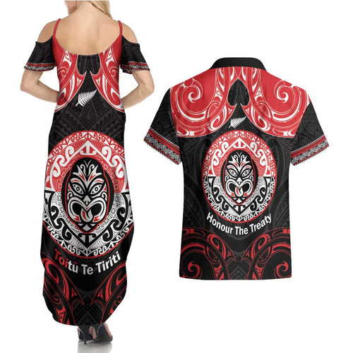 Aotearoa Toitu Te Tiriti Couples Matching Summer Maxi Dress and Hawaiian Shirt Haka Tiki Honour The Treaty