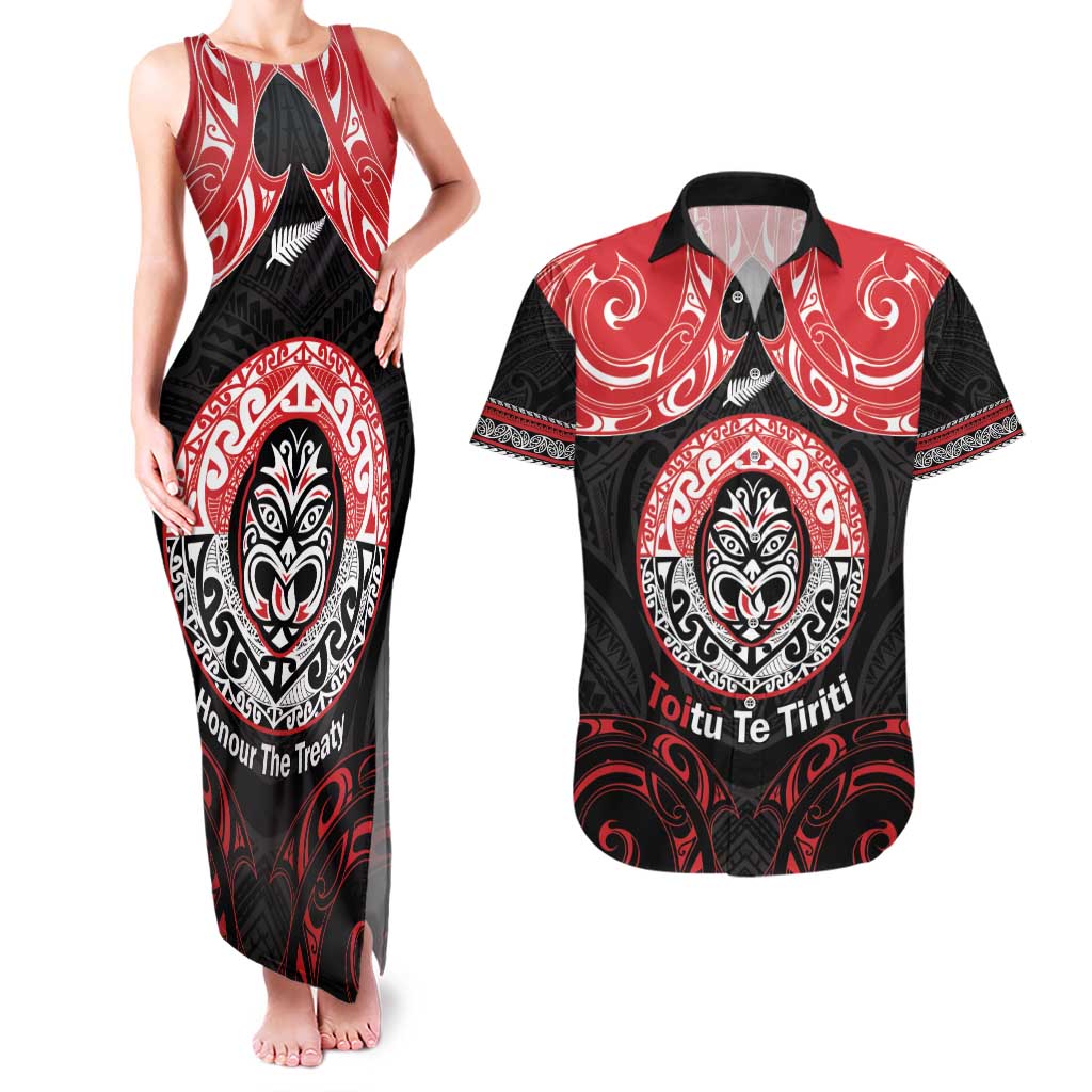 Aotearoa Toitu Te Tiriti Couples Matching Tank Maxi Dress and Hawaiian Shirt Haka Tiki Honour The Treaty