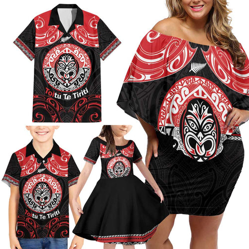 Aotearoa Toitu Te Tiriti Family Matching Off Shoulder Short Dress and Hawaiian Shirt Haka Tiki Honour The Treaty