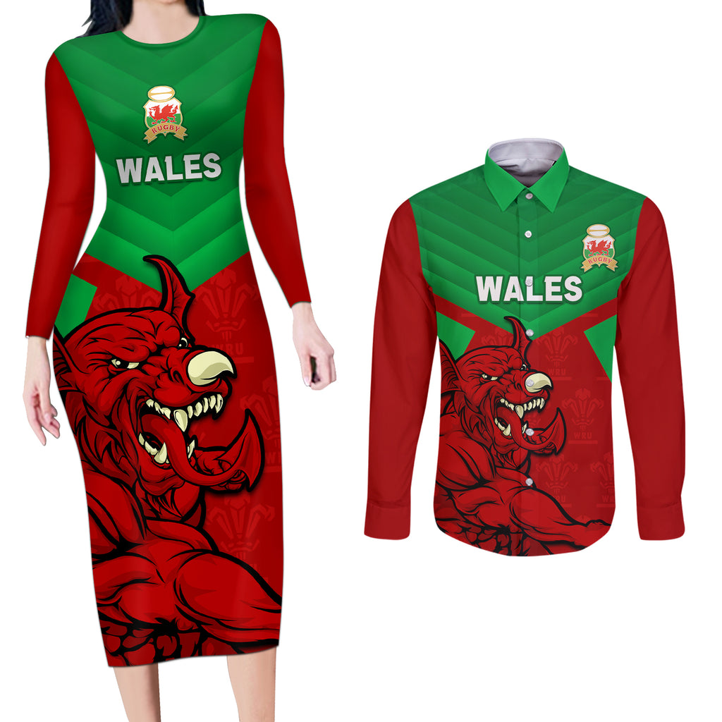 custom-wales-rugby-couples-matching-long-sleeve-bodycon-dress-and-long-sleeve-button-shirt-2024-six-nations-come-on-cymru-mascot-sporty