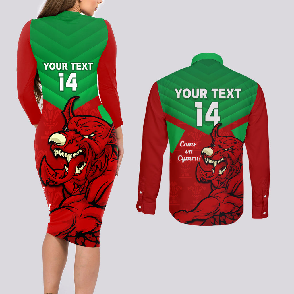 custom-wales-rugby-couples-matching-long-sleeve-bodycon-dress-and-long-sleeve-button-shirt-2024-six-nations-come-on-cymru-mascot-sporty