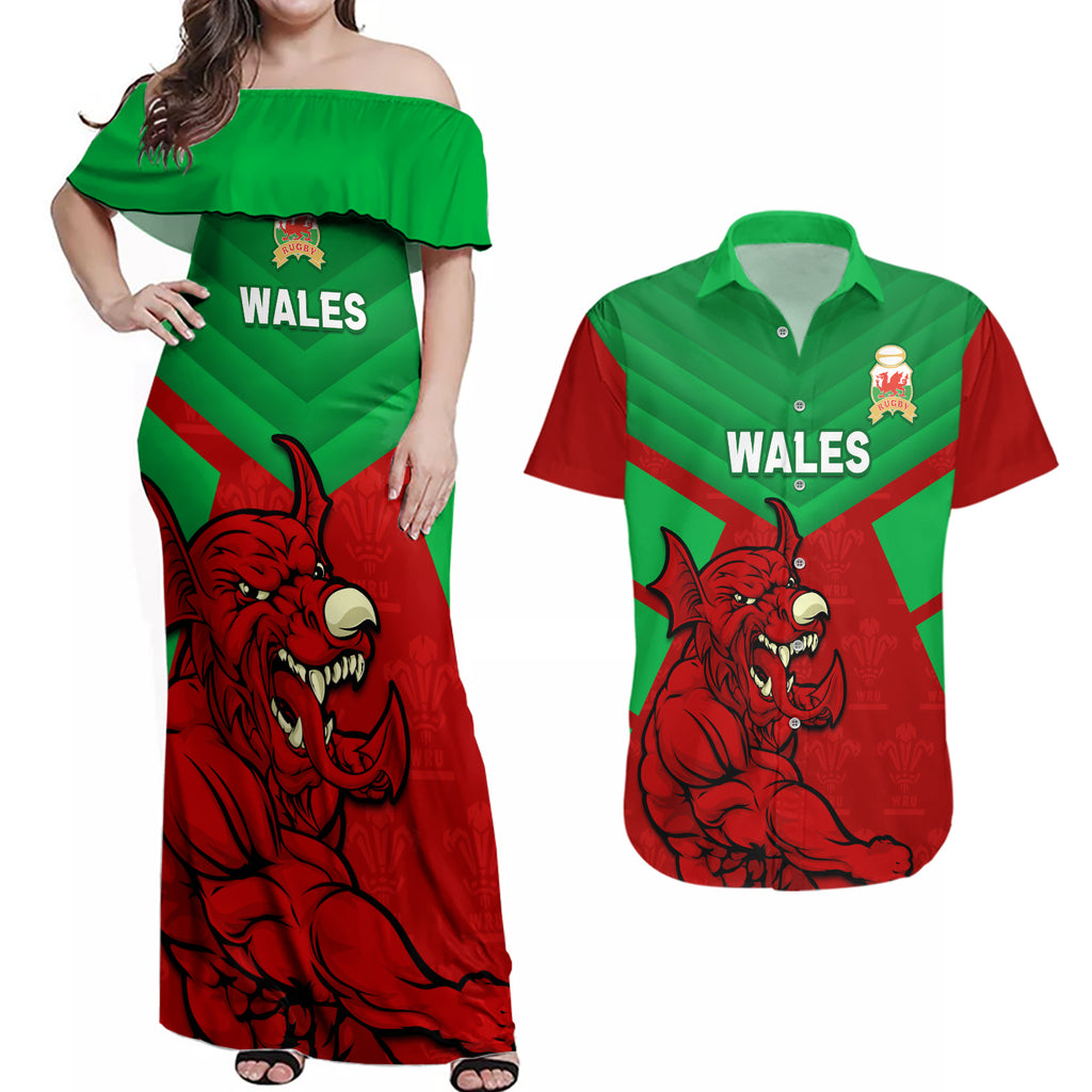 custom-wales-rugby-couples-matching-off-shoulder-maxi-dress-and-hawaiian-shirt-2024-six-nations-come-on-cymru-mascot-sporty