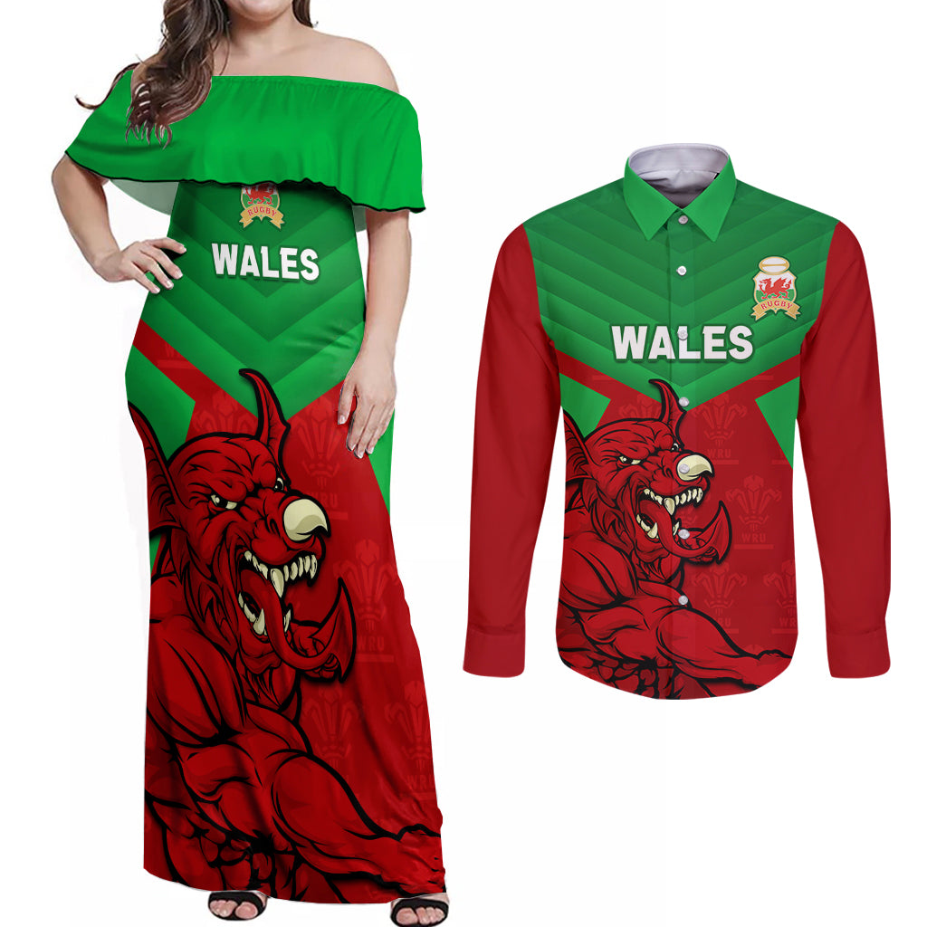 custom-wales-rugby-couples-matching-off-shoulder-maxi-dress-and-long-sleeve-button-shirt-2024-six-nations-come-on-cymru-mascot-sporty