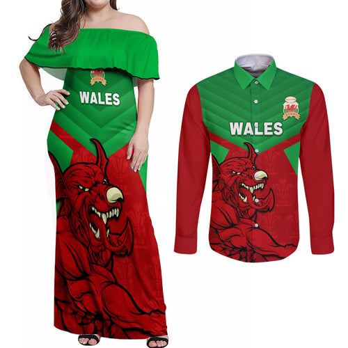 custom-wales-rugby-couples-matching-off-shoulder-maxi-dress-and-long-sleeve-button-shirt-2024-six-nations-come-on-cymru-mascot-sporty