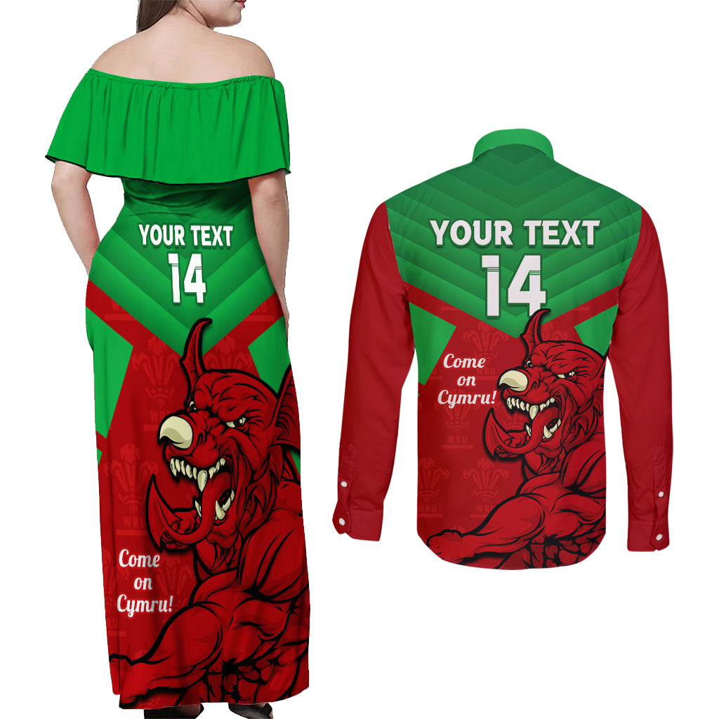 custom-wales-rugby-couples-matching-off-shoulder-maxi-dress-and-long-sleeve-button-shirt-2024-six-nations-come-on-cymru-mascot-sporty