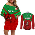 custom-wales-rugby-couples-matching-off-shoulder-short-dress-and-long-sleeve-button-shirt-2024-six-nations-come-on-cymru-mascot-sporty