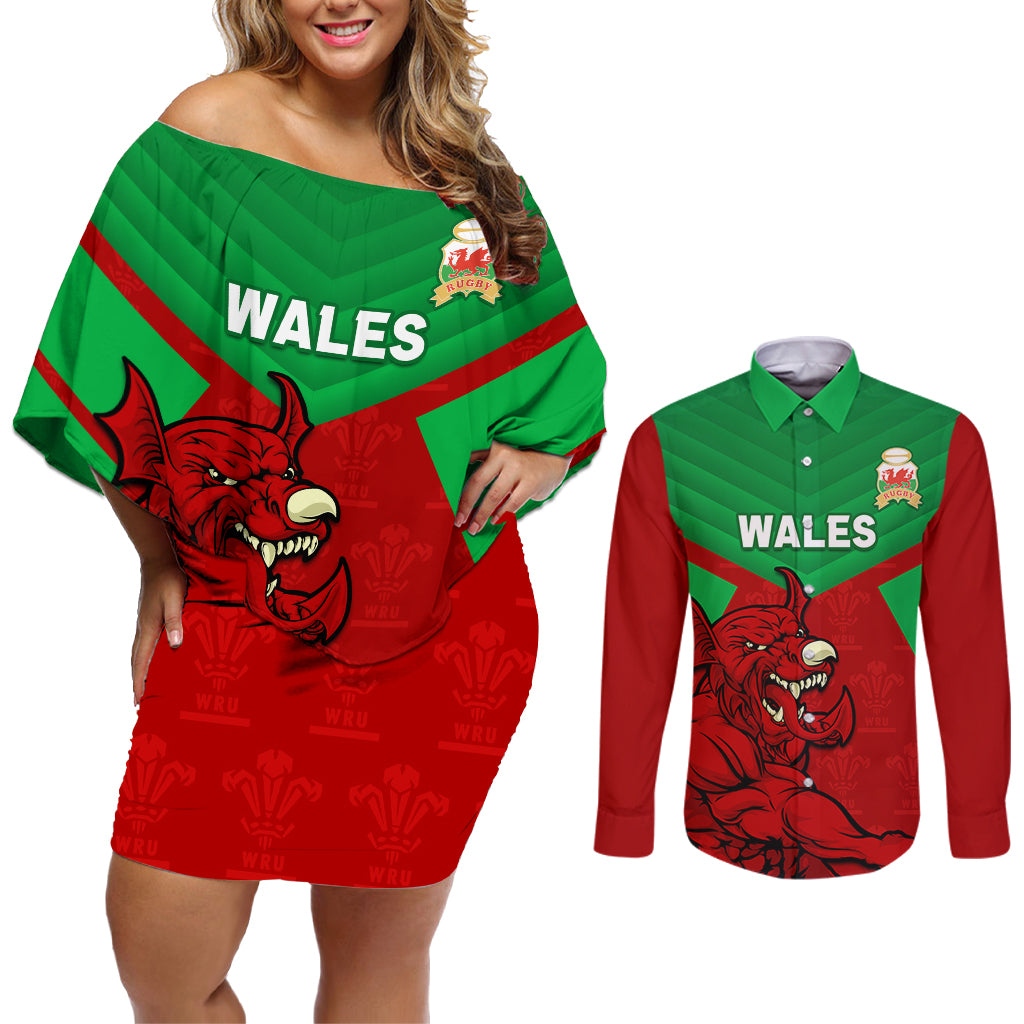 custom-wales-rugby-couples-matching-off-shoulder-short-dress-and-long-sleeve-button-shirt-2024-six-nations-come-on-cymru-mascot-sporty